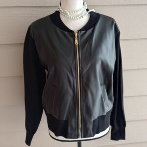NEW Sioni Black Mixed Media Faux Leather Zip Up Jacket Size Large